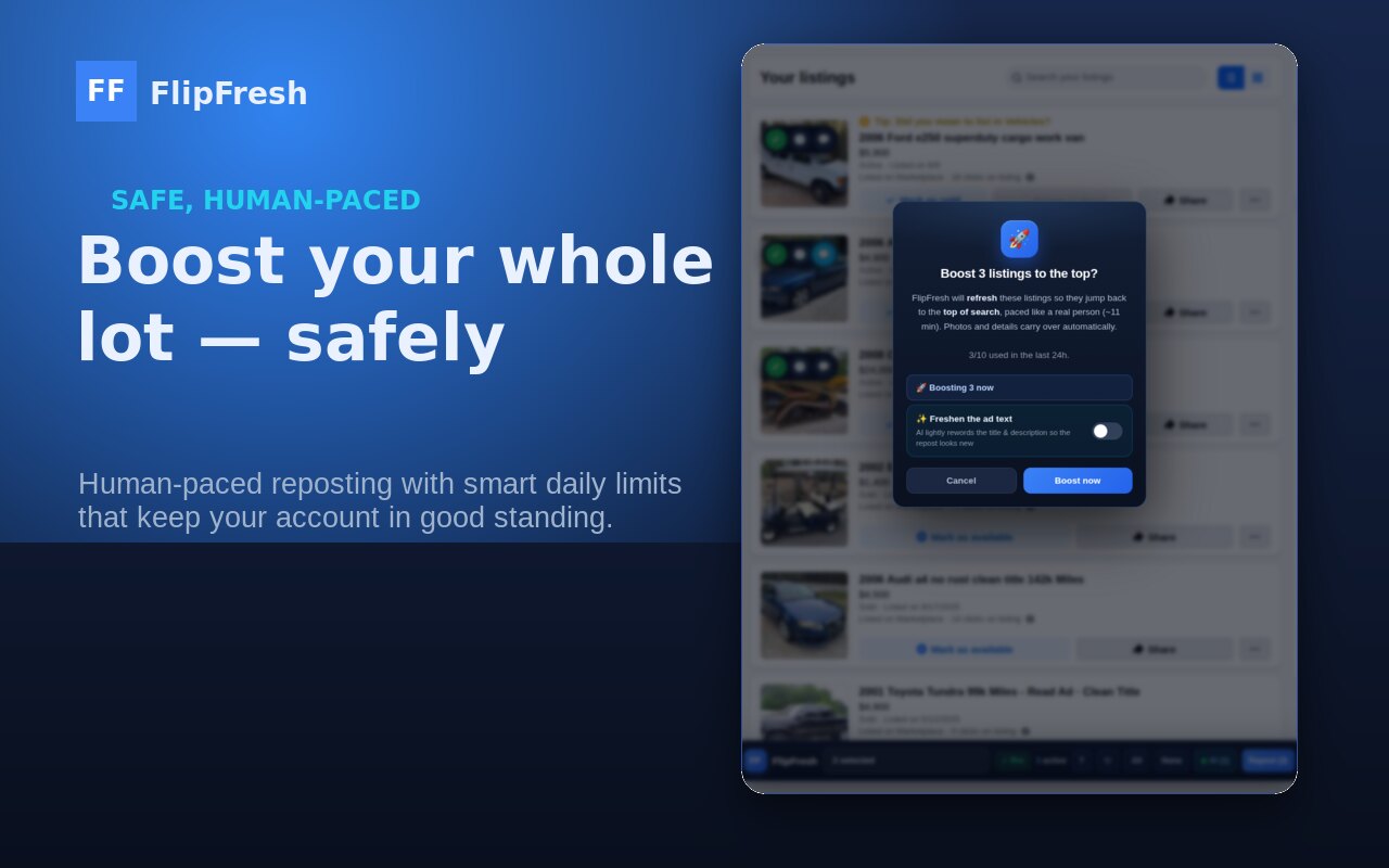 Boost your whole inventory with safe, human-paced reposting and daily limits