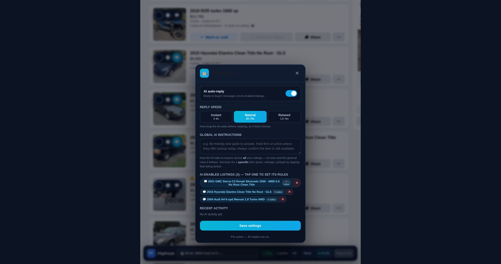 FlipFresh AI settings on a Facebook Marketplace listings page